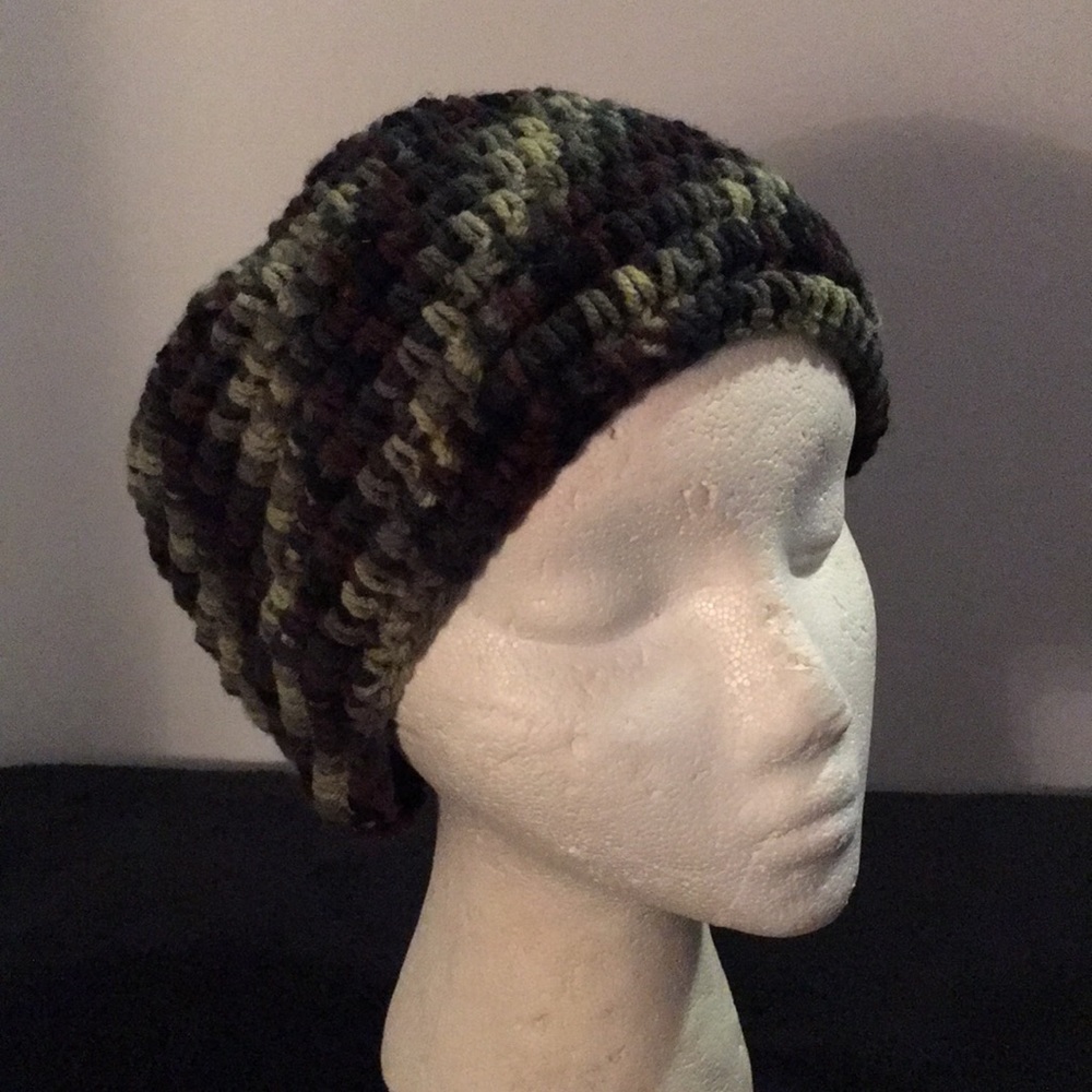 Crocheted camouflage look beanie dark green light green brown.